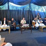 Prime Minister Muhammad Shehbaz Sharif addresses political leaders and party workers during his visit of the residence of MNA Chauhdhary Iftikhar Nazir.