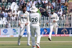 Pakistan player Sajid Khan celebrates after taking wicket of South Africa batter Aiden Markram during the second day of the second Test match between Pakistan and South Africa at the Rawalpindi Cricket Stadium.