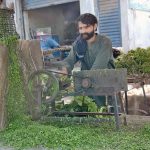 A vendor busy in cutting spinach with electric machine at Vegetable Market.