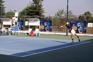 Tennis players in action during the Boys Singles Final of the ITF Pakistan International J-30 Junior Tennis Championships 2025 (Leg-1), continued at the PTF-SDA Tennis Complex
