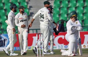 South African batsman Ryan Rickelton hits the ball for high score during the second day of the first Test match between Pakistan and South Africa at the Gaddafi Stadium