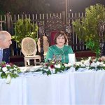 Chairman Senate Syed Yousaf Raza Gilani, Speaker of the mili majlis of the republic of Azerbaijan, Ms. Sahiba Gafarova and speaker of the Grand National assembly of Türkiye, Mr. Numan Kurtulmuş exchanging views at a reception