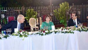 Chairman Senate Syed Yousaf Raza Gilani, Speaker of the mili majlis of the republic of Azerbaijan, Ms. Sahiba Gafarova and speaker of the Grand National assembly of Türkiye, Mr. Numan Kurtulmuş exchanging views at a reception