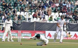 Pakistan player Sajid Khan celebrates after taking wicket of South Africa batter Aiden Markram during the second day of the second Test match between Pakistan and South Africa at the Rawalpindi Cricket Stadium.