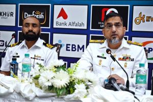 Tournament Director Commodore Mudassar Khurshid SI(M) addressing a press briefing regarding 3rd CNS all Pakistan squash championship 2025 at Pakistan Navy (PN) Roshan Khan Jahangir Khan Squash Complex