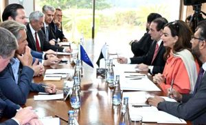 Senator Sherry Rehman, Chairperson of the Senate Standing Committee on Climate Change, in a meeting with a delegation of the European Union at Parliament House.