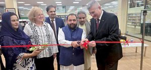 Federal Minister for National Heritage and Culture Division Aurangzeb Khan Khichi along with Ukrainian Ambassador Markiian Chuchuk inaugurates 'Ukrainian Bookshelf' at National Library of Pakistan