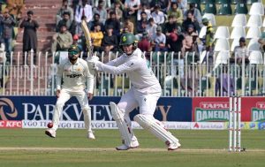 Pakistan player Sajid Khan celebrates after taking wicket of South Africa batter Aiden Markram during the second day of the second Test match between Pakistan and South Africa at the Rawalpindi Cricket Stadium.