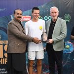 Senator Salim Saifullah Khan, Vice President of the Asian Tennis Federation, presenting prizes to the players during the prize distribution ceremony after the Boys Singles Final of the ITF Pakistan International J-30 Junior Tennis Championships 2025 (Leg-1) at the PTF-SDA Tennis Complex