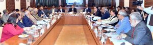 Senator Jam Saifullah Khan, Chairman of the Senate Standing Committee on Railways, presides over a meeting of the committee at Parliament House.