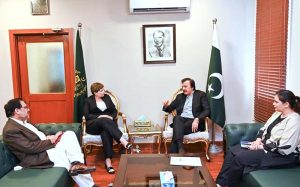 Australian Acting High Commissioner Ms Nicole Guihot meets Special Assistant to the Prime Minister for Industries and Production Haroon Akhtar Khan in Ministry of Industries and Production