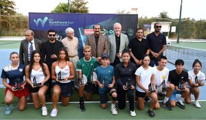 Senator Salim Saifullah Khan, Vice President of the Asian Tennis Federation, presenting prizes to the players during the prize distribution ceremony after the Boys Singles Final of the ITF Pakistan International J-30 Junior Tennis Championships 2025 (Leg-1) at the PTF-SDA Tennis Complex