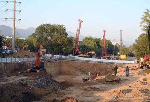 Heavy machinery at work on the under-construction Shaheen Chowk Underpass, a key CDA urban development project in Federal Capital.