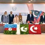 Chairman Senate, Syed Yousaf Raza Gilani, Ms. Sahiba gafarova, Speaker of the Mili Majlis of the Republic of Azerbaijan, Speaker of the grand national assembly of Türkiye, MR. Numan Kurtulmuş, Speaker of National Assembly Sardar Ayaz Sadiq and participants giving standing ovation while the national anthems of the participating countries are being played prior to inaugural session of the third trilateral speakers meeting of Azerbaijan, Pakistan and Turkiye at Parliament House