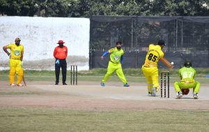 Players in action during the 4th All Pakistan Deaf Sport Gala Cricket Match played between Lahore and Gujrat cricket teams at Sports Ground.