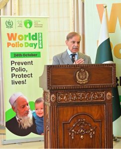 Prime Minister Muhammad Shehbaz Sharif addresses the ceremony of World Polio Day