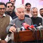 Defense Minister Khawaja Muhammad Asif talking to media personnel