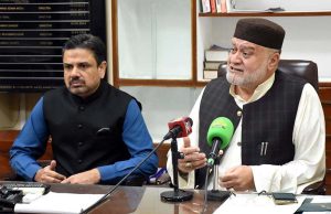 Federal Minister for Poverty Alleviation and Social Safety, Syed Imran Ahmed Shah, addressing the media during a press talk.