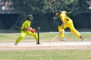 Players in action during the 4th All Pakistan Deaf Sport Gala Cricket Match played between Lahore and Gujrat cricket teams at Sports Ground.