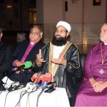 Hafiz Muhammad Tahir Ashrafi, Chairman Pakistan Ulema Council and Coordinator National Paigham-e-Aman Committee, addressing a press conference after welcoming the Bishop of the Anglican Church of North America at Grand Jamia Masjid, Bahria Town