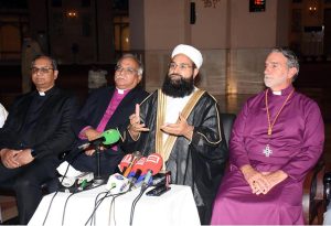 Hafiz Muhammad Tahir Ashrafi, Chairman Pakistan Ulema Council and Coordinator National Paigham-e-Aman Committee, addressing a press conference after welcoming the Bishop of the Anglican Church of North America at Grand Jamia Masjid, Bahria Town
