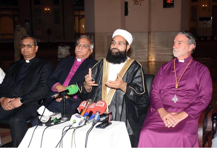 Hafiz Muhammad Tahir Ashrafi, Chairman Pakistan Ulema Council and Coordinator National Paigham-e-Aman Committee, addressing a press conference after welcoming the Bishop of the Anglican Church of North America at Grand Jamia Masjid, Bahria Town