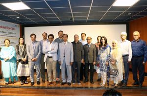 A Group Photo of Federal Minister For Education and Professional Training Dr Khalid Maqbool Siddiqui along with President Pakistan Eye Bank Society (PEBS) Qazi Sajid Ali and others on the occasion of the Witness Gratification on Completion of Eye Screening of 20000 Students through School Eye Clinic Project in Collaboration with Rotary Club of Heidelberg Schools Germany at (PEBS) Hospital.