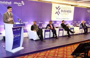 Chairman Senate of Pakistan Yousaf Raza Gilani addresses the inaugural session of the Pakistan Business Summit.