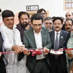 Federal Minister for Federal Education and Professional Training Dr. Khalid Maqbool Siddiqui cuts the ribbon during the celebration of the first year of academic excellence and the launch of a new BS Fin-Tech (Financial Technology) program at the Hyderabad Institute for Technology and Management Sciences (HITMS)