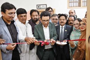 Federal Minister for Federal Education and Professional Training Dr. Khalid Maqbool Siddiqui cuts the ribbon during the celebration of the first year of academic excellence and the launch of a new BS Fin-Tech (Financial Technology) program at the Hyderabad Institute for Technology and Management Sciences (HITMS)