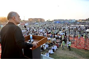 Ameer Jamaat-e-Islami Hafiz Naeem-ur-Rehman addresses candidates during the entry test of the Bano Qabil program organized by Jamaat-e-Islami at Sargodha Stadium