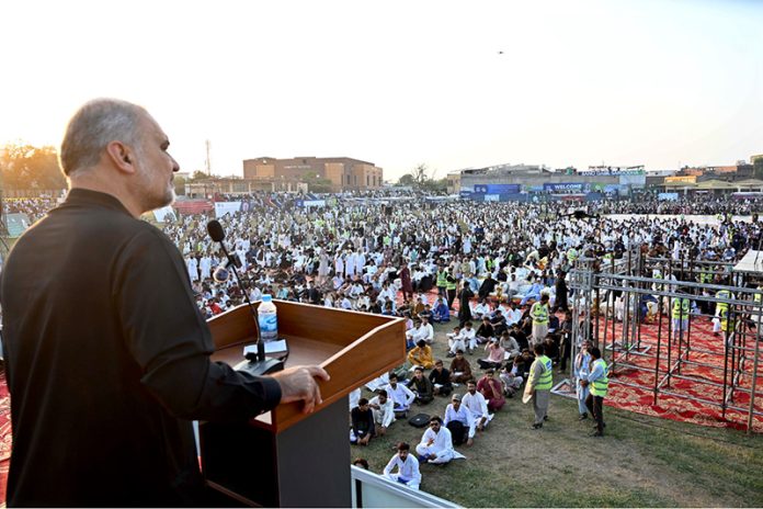 Ameer Jamaat-e-Islami Hafiz Naeem-ur-Rehman addresses candidates during the entry test of the Bano Qabil program organized by Jamaat-e-Islami at Sargodha Stadium