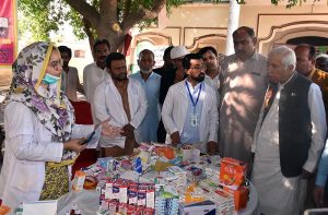 Federal Minister for Board of investment , Qaiser Ahmad Shaikh, talking to the media persons during his visit of visiting flood affected area.