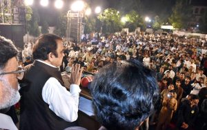 Adviser to the Prime Minister on Political Affairs Senator Rana Sanaullah Khan addressing a public gathering at Samanabad on late Sunday night.