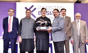 Chairman Senate of Pakistan Yousaf Raza Gilani addresses the inaugural session of the Pakistan Business Summit.