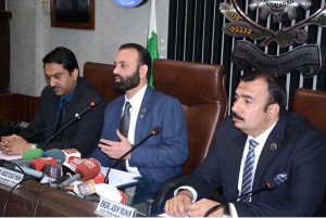 President Faisalabad Chamber of Commerce & Industry (FCCI) Farooq Yousaf Sheikh is addressing the press conference at FCCI Complex.