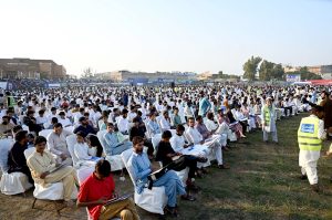 Ameer Jamaat-e-Islami Hafiz Naeem-ur-Rehman addresses candidates during the entry test of the Bano Qabil program organized by Jamaat-e-Islami at Sargodha Stadium