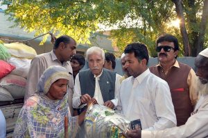 Federal Minister for Board of investment , Qaiser Ahmad Shaikh, talking to the media persons during his visit of visiting flood affected area.