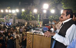 Adviser to the Prime Minister on Political Affairs Senator Rana Sanaullah Khan addressing a public gathering at Samanabad on late Sunday night.
