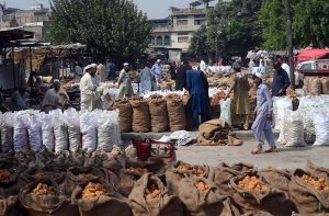 A labourer sews sacks filled with traditional sweet “Gur” before selling them at the Gur Mandi.