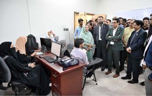 Federal Minister for Federal Education and Professional Training Dr. Khalid Maqbool Siddiqui visits various classes during the celebration of the first year of academic excellence and the launch of the BS Fin-Tech (Financial Technology) program at the Hyderabad Institute for Technology and Management Sciences (HITMS)