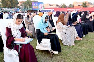 Ameer Jamaat-e-Islami Hafiz Naeem-ur-Rehman addresses candidates during the entry test of the Bano Qabil program organized by Jamaat-e-Islami at Sargodha Stadium