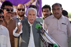 Federal Minister for Board of investment , Qaiser Ahmad Shaikh, talking to the media persons during his visit of visiting flood affected area.