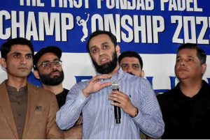 Federal Minister for Information and Broadcasting, Attaullah Tarar, addressing participants during the closing ceremony of the First Punjab Padel Championship 2025, organized by the Punjab Padel Association at the Fifth Generation Sports Complex