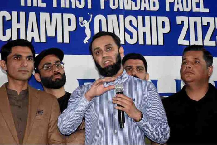 Federal Minister for Information and Broadcasting, Attaullah Tarar, addressing participants during the closing ceremony of the First Punjab Padel Championship 2025, organized by the Punjab Padel Association at the Fifth Generation Sports Complex