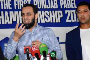 Federal Minister for Information and Broadcasting, Attaullah Tarar, addressing participants during the closing ceremony of the First Punjab Padel Championship 2025, organized by the Punjab Padel Association at the Fifth Generation Sports Complex
