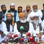 JUI-F Ameer Maulana Fazal Rehman addressing media persons in Muslim Colony.