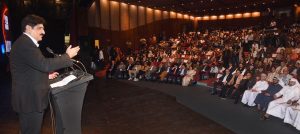 Sindh Chief Minister Syed Murad Ali Shah speaks at the inauguration of the second World Culture Festival at Arts Council of Pakistan.