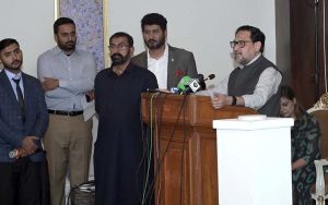Secretary Ministry of Industries and Production Saif Anjum addresses during live balloting of the Ev bikes/Rickshaw & Scotty.