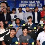 Federal Minister for Information and Broadcasting, Attaullah Tarar in a group photograph with the winning players and management during the closing ceremony of the First Punjab Padel Championship 2025, organized by the Punjab Padel Association at the Fifth Generation Sports Complex